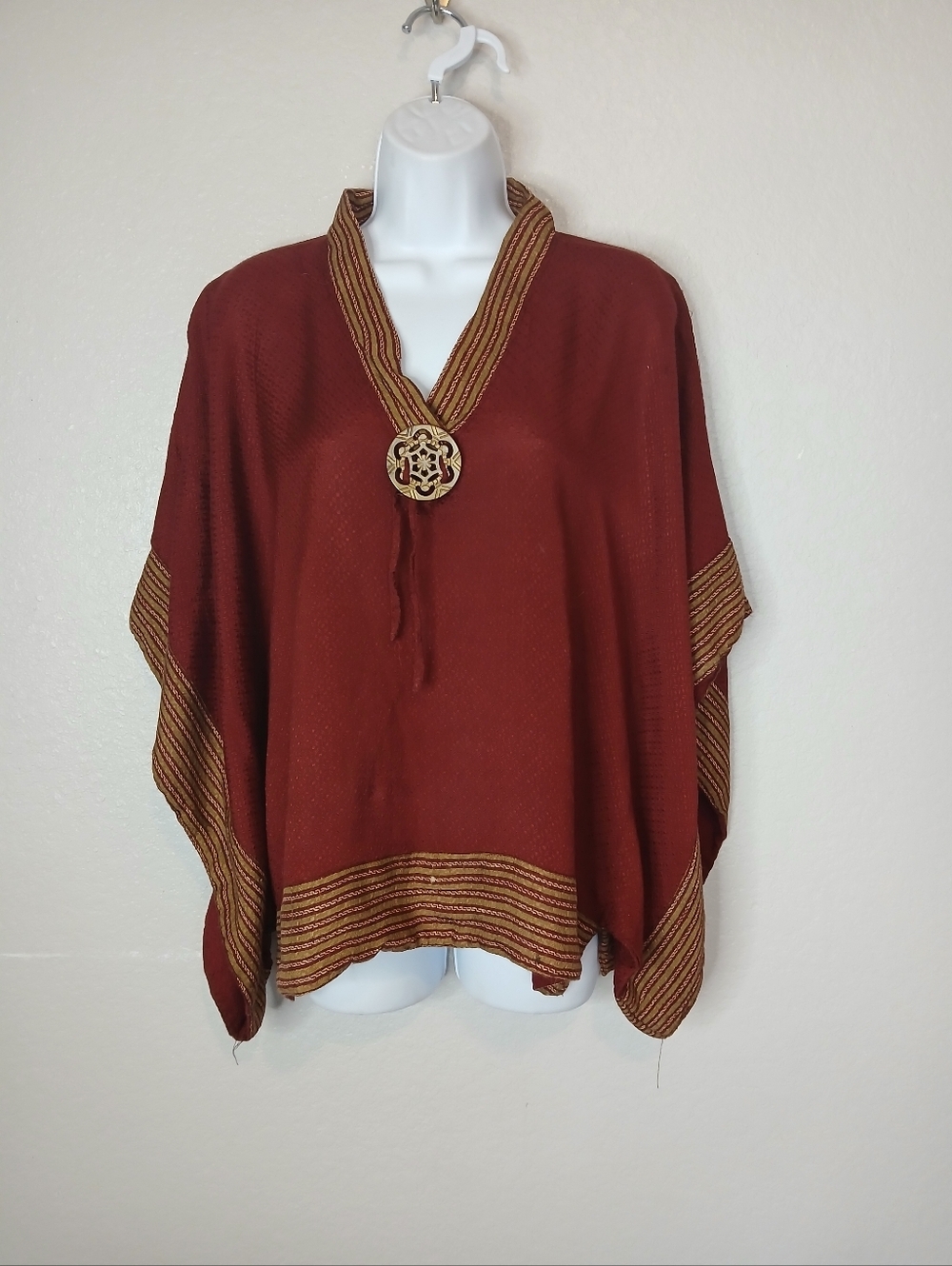 Zikin Tunic Poncho Burgundy Gold Trim Brooch Boho Indie Hippy Dolman Festival